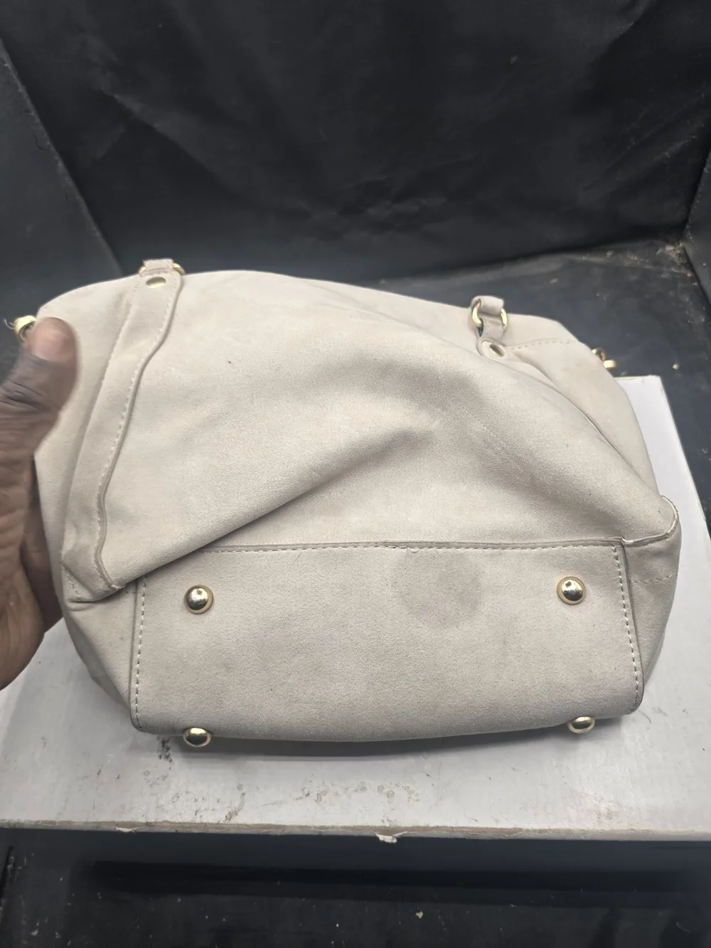 Nanette Lepore Light Gray Suede Crossbody Bag with Gold Chain